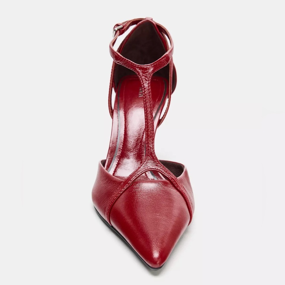 NWT Zara Leather Heel Size US 8, EU 39 Heels Chic Red Thin Ankle Front Strap - Picture 4 of 12
